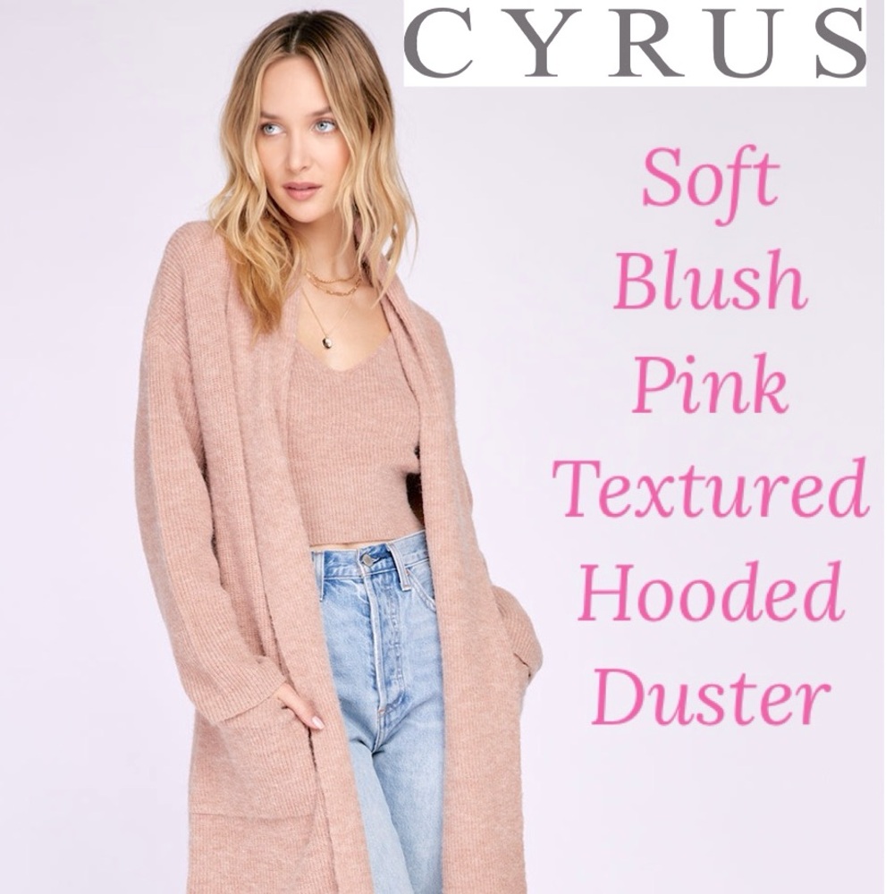 Hooded Cardigan Duster Textured Knit Sweater Soft Rose Blush Pink Size 2XL - Picture 16 of 16